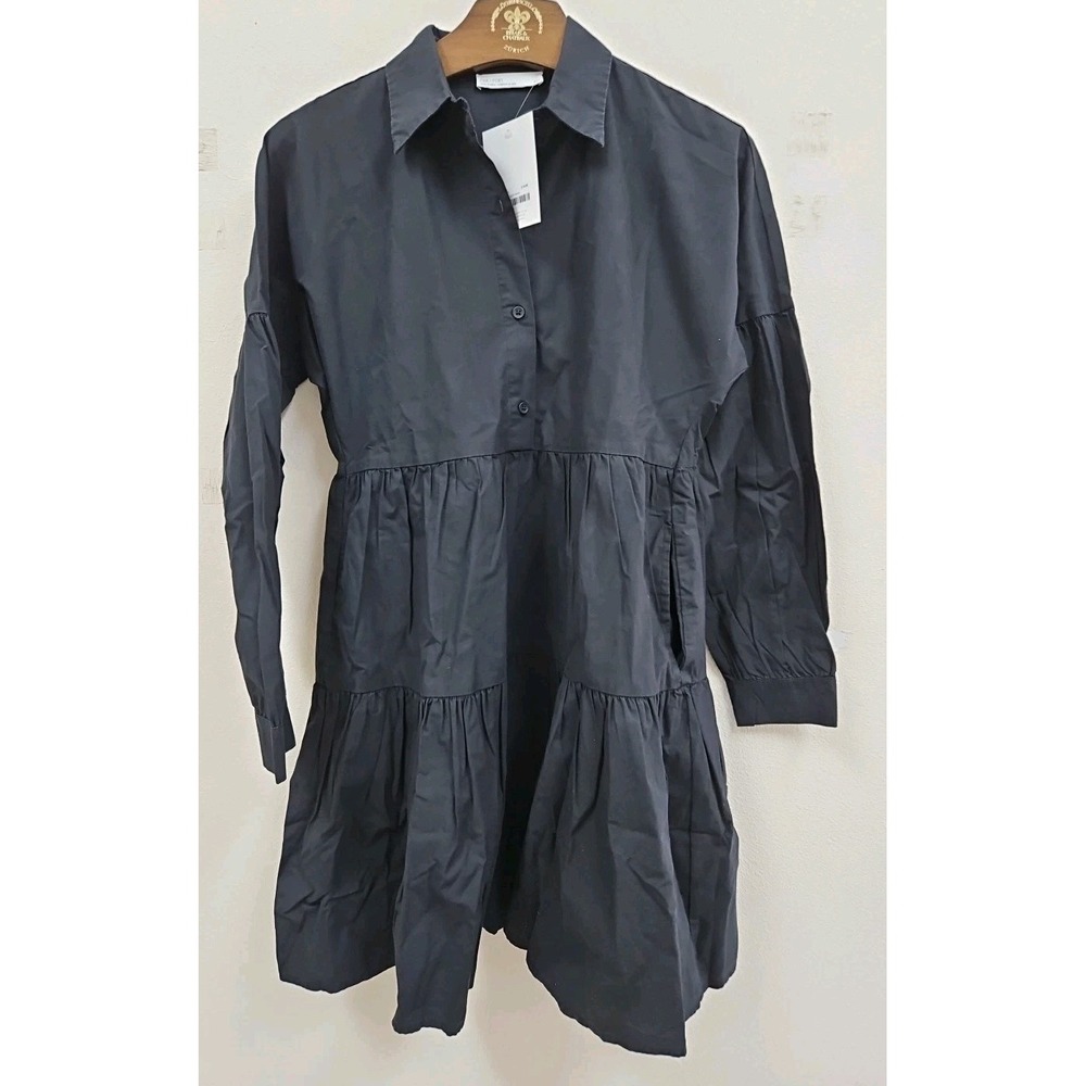 Oak + Fort 100% Cotton Black Ruffle Dress W/Side Pockets ~ Size XSmall NWT